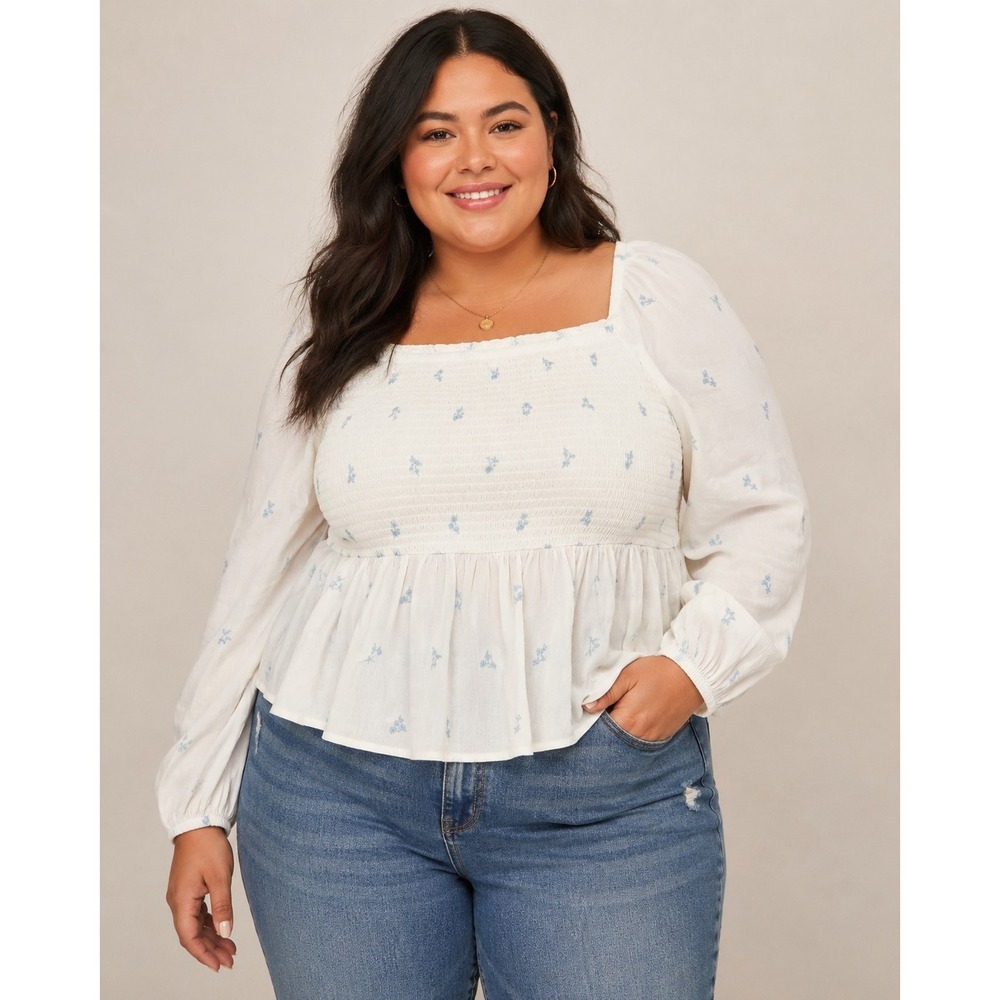 Torrid 2X White Gauze Smocked Bodice Off Shoulder Top Cottagecore Romantic Ditsy